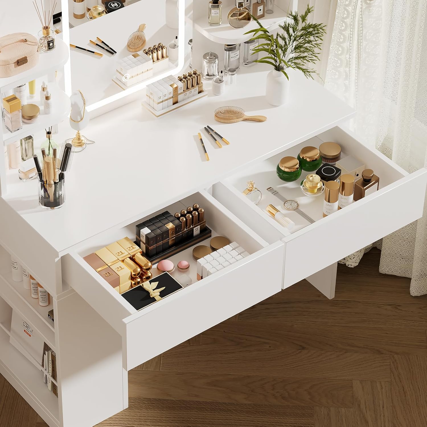 Airfish Schminktisch mit LED Beleuchtung, Frisiertisch mit Hocker und Spiegel, 2 Schubladen, Farbtemperaturen und Helligkeit Einstellbar (Weiß Schminktisch+Hocker)