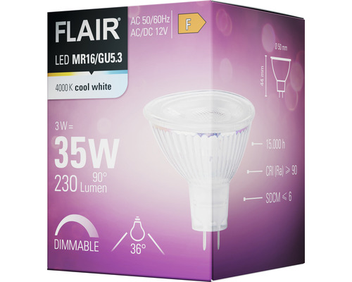 FLAIR LED reflectorlamp dimbaar MR16 GU5.3/3W (22W) 230 lm 4000 K neutraal wit helder 36° 12V