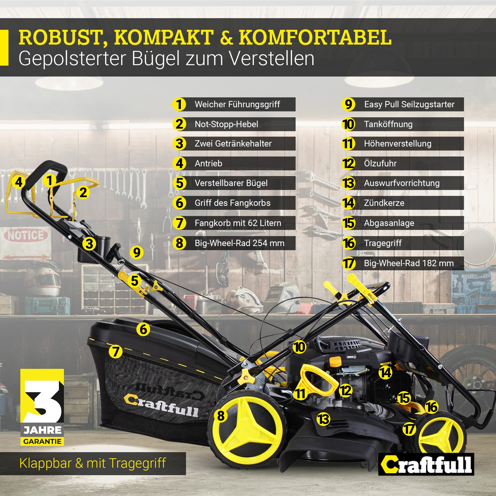Craftfull Premium Benzin-Rasenmäher CR-196-10, 5in1, GT-Markengetriebe, 196cc-Motor, 4,4 kW, Euro 5 (Schwarz/Gelb)