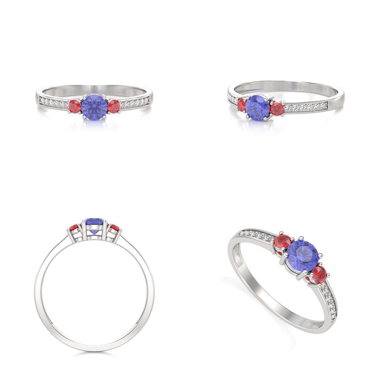 Bague ADEN Or 585 Blanc Tanzanite Rubis et diamants 1.65grs