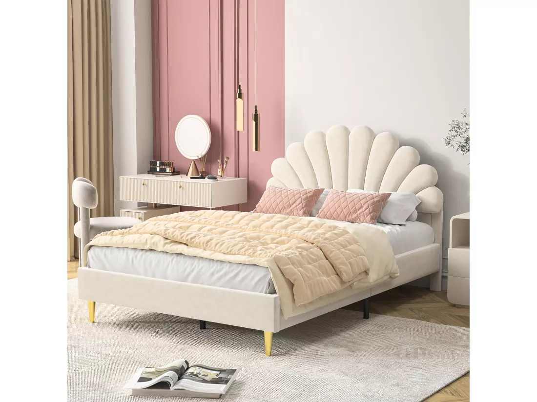 Lit double rembourré en velours - 140x200cm - tête de lit en forme de fleur - avec sommier à lattes - Beige