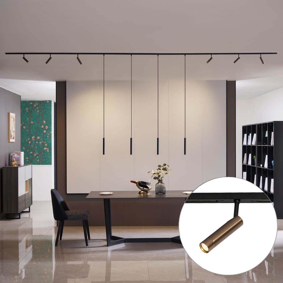 Modern railsysteem met 6 spots en 4 hanglampen donker brons 1-fase - Slimline Uzzy Keno