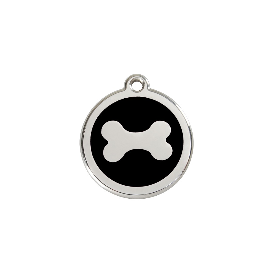 Placa de identificação para cães em aço inoxidável esmaltado com formato de osso preto