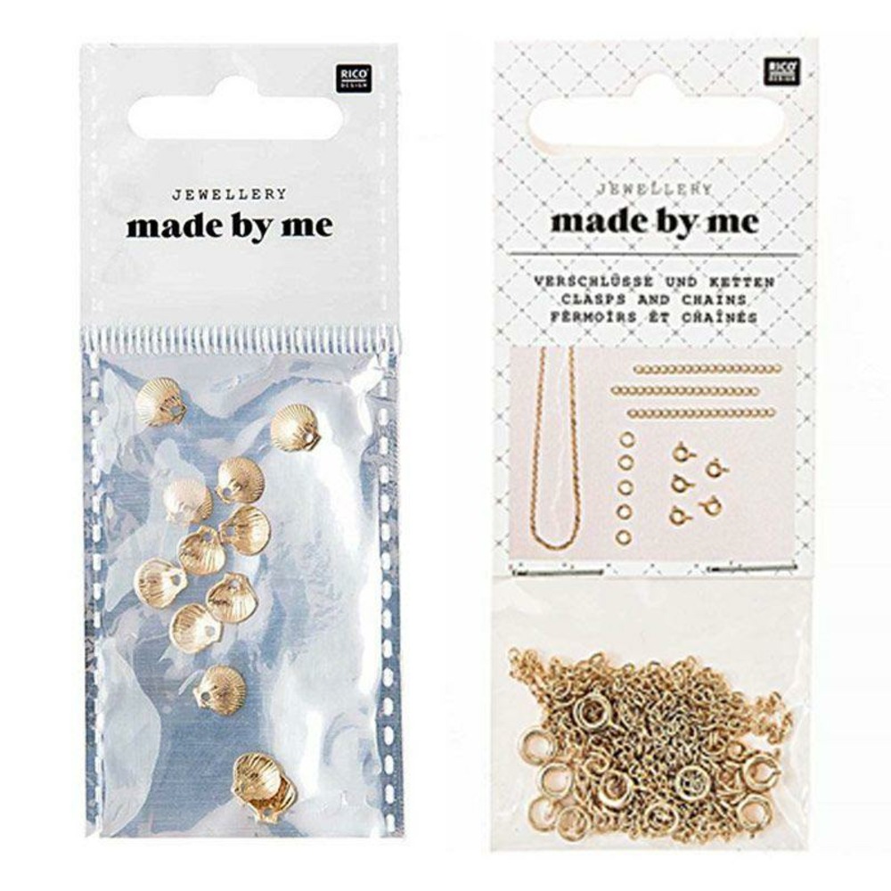 12 mini perles coquillages dorées + fermoirs fins et chaînes dorés