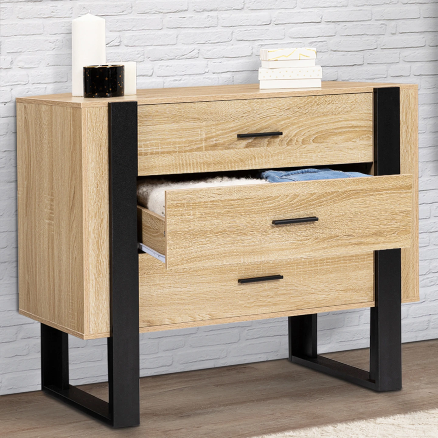 Commode 3 tiroirs PHOENIX 80 cm bois et noir