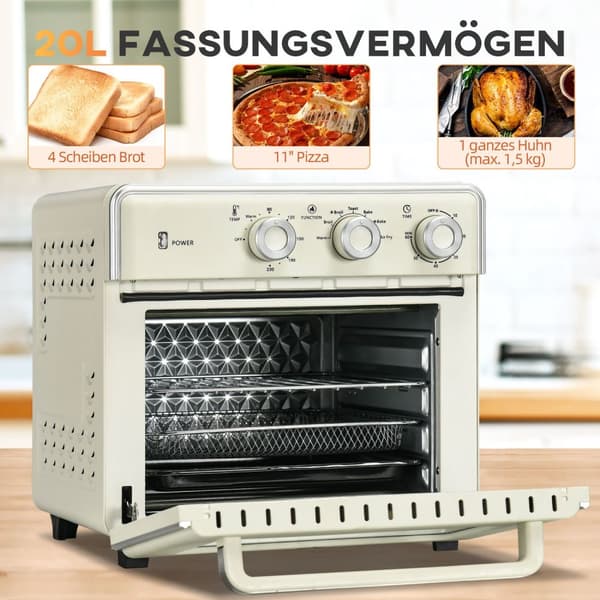 Miniovn Med Sirkulasjonsluft 20L, 7 I 1 Pizzaovn Inkludert Stekebrettsett, Stekekurv, Smulebrett, 1 Times Timer, 1400 W, Kremhvit