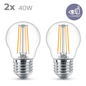 Philips LED kogel E27 3,4W 2 stuks filament helder niet dimbaar