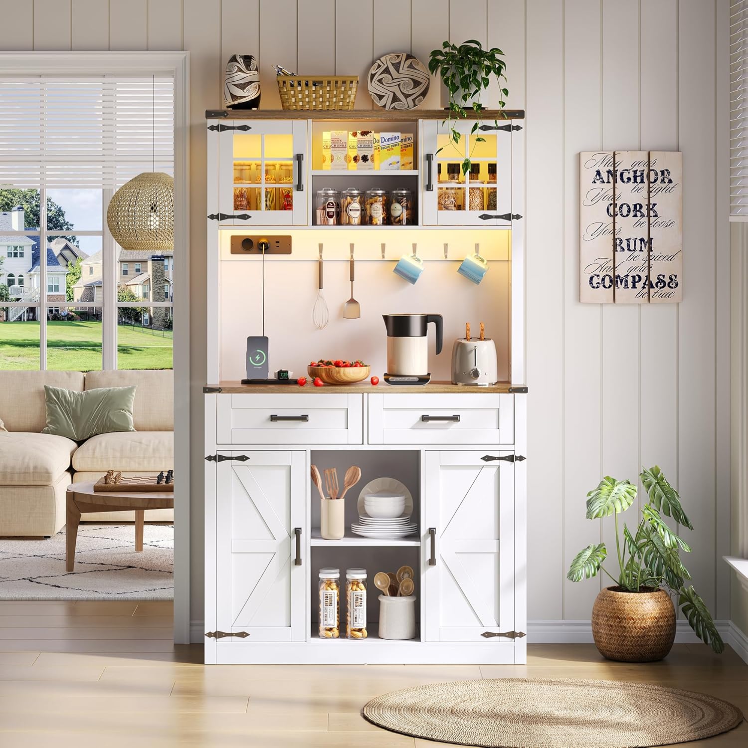 Merax Küchenschrank Buffetschrank, Hochschrank mit LED-Beleuchtung und Steckdosen, Küchenbuffet mit Arbeitsplatte und 2 Schubladen, rustikaler Kaffeebar-Sideboard-Tisch, Weiß, 100x40x172 cm