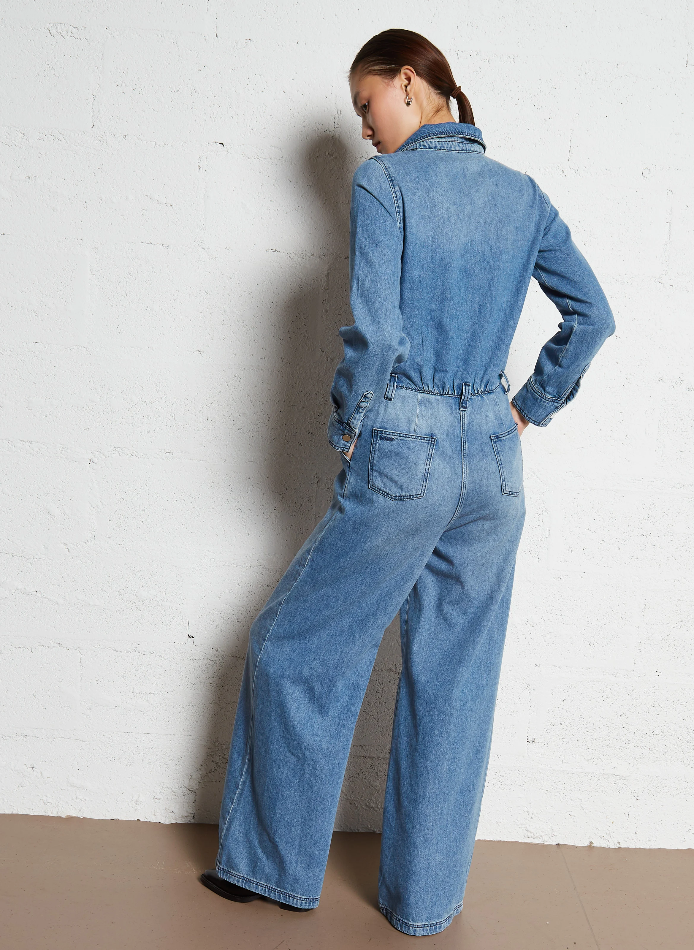 FANNIE - Combinaison à col chemise boutonné et jambe large en coton | Bleu