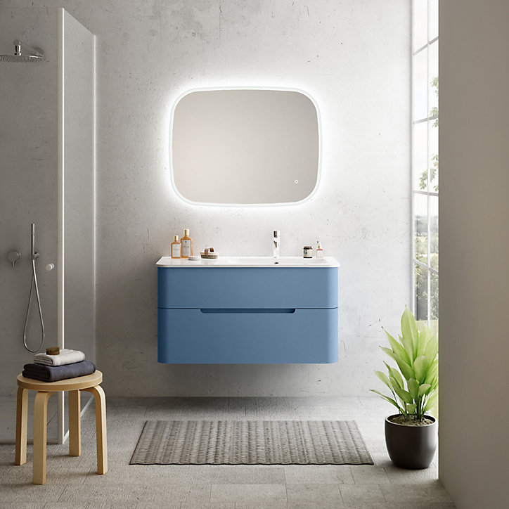Ensemble salle de bains L. 104 cm meuble sous vasque bleu mat + plan vasque à droite blanc brillant Alba