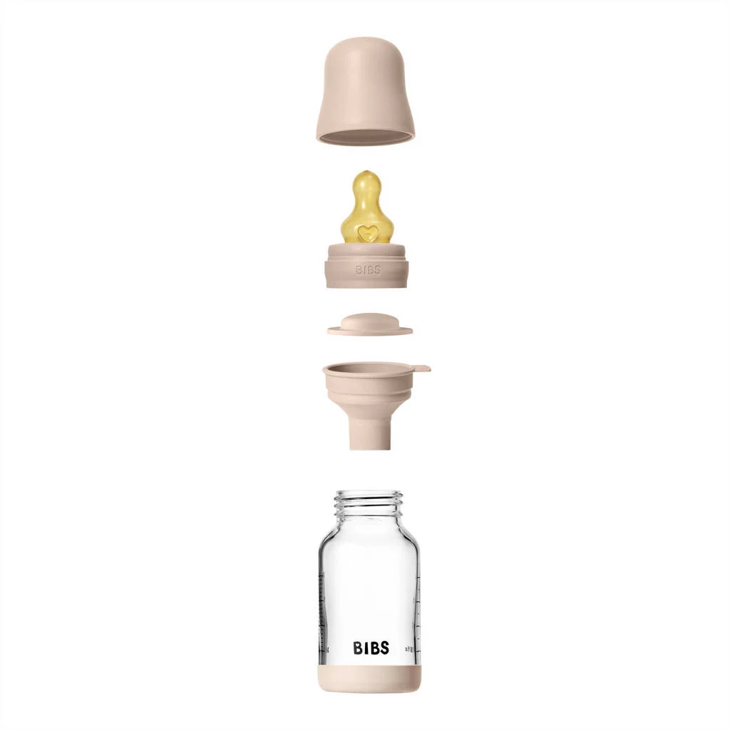 BIBS Glazen Babyfles - 120 ml - Blush - met latex speen en opvouwbare trechtertje