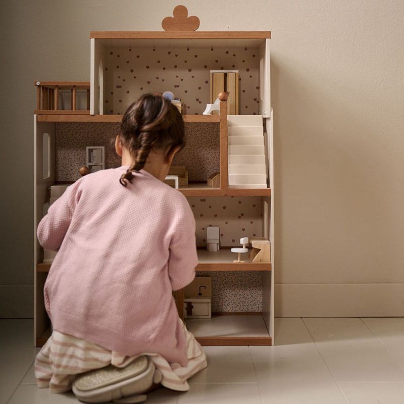 GROOT - FLEUR - Poppenhuis - Beige & Walnoot - Inclusief 19-Delige Meubelset