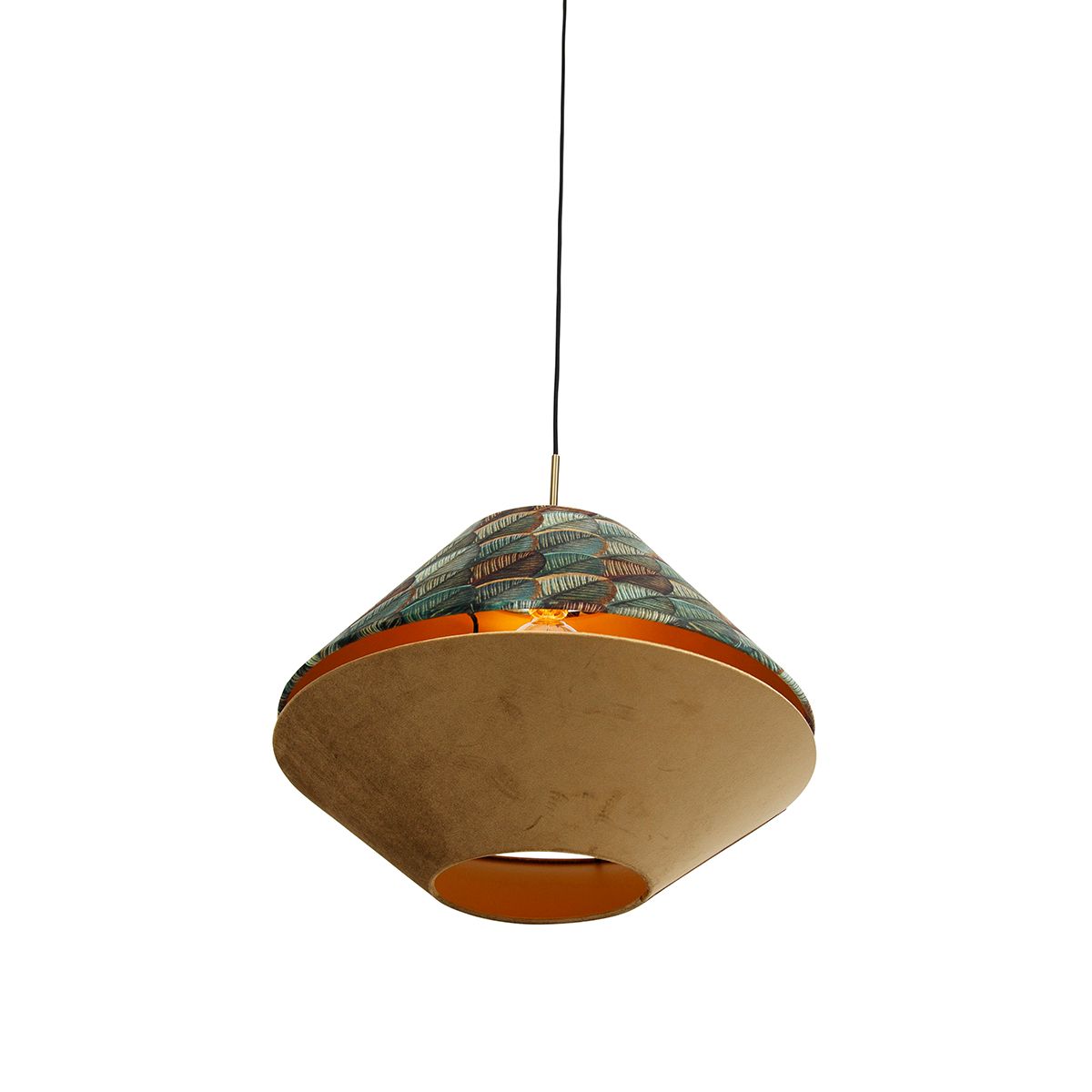 Moderne hanglamp brons met dubbele velours kap blad dessin en beige - Combi 1