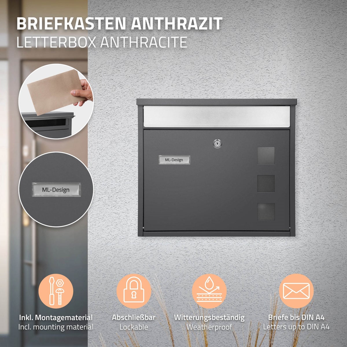 ECD Germany brievenbus met naamplaatje en kijkvensters, 36x31,5x11,5 cm, antraciet-zilver, gepoedercoat roestvrij staal, afsluitbaar, 2 sleutels, moderne wandbrievenbus, design brievenbus