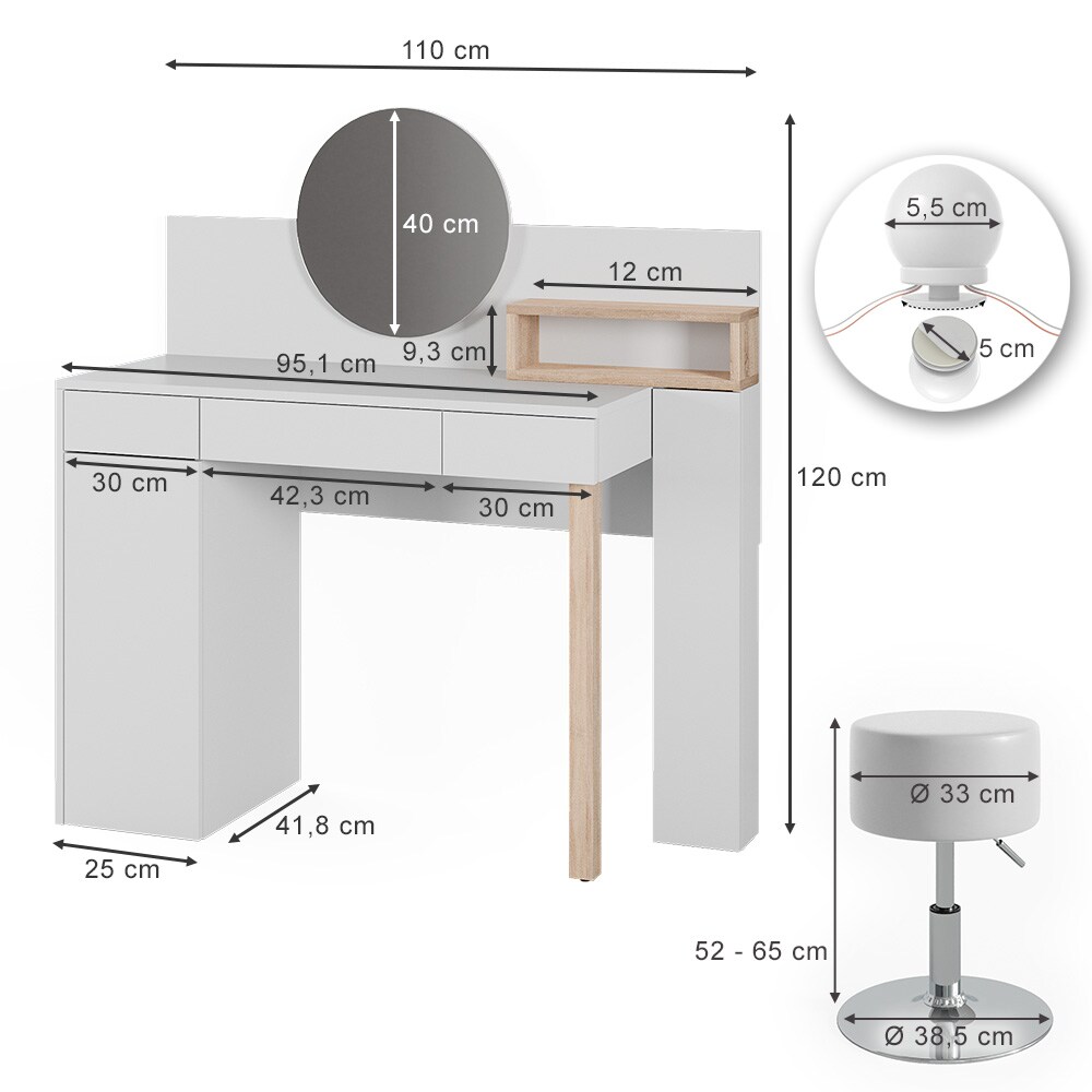 Vicco Schminktisch Olivia, weiß, Frisiertisch mit Hocker und LED-Lichterkette
