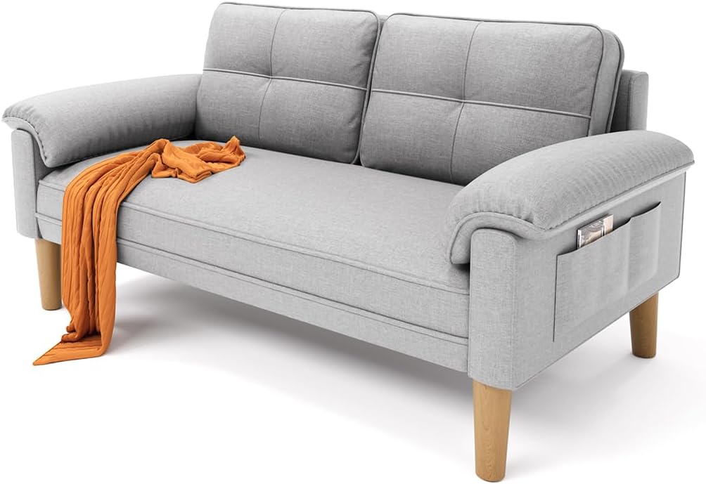 Xbro Couch 2 Sitzer, Kleine Sofa 2 Sitzer mit Armlehne und Seitentasche, Modernes Stoffcouch für Wohnzimmer,Wohnung,Büro,Einfache Montage, 144 x 77 x 77 cm, Hellgrau