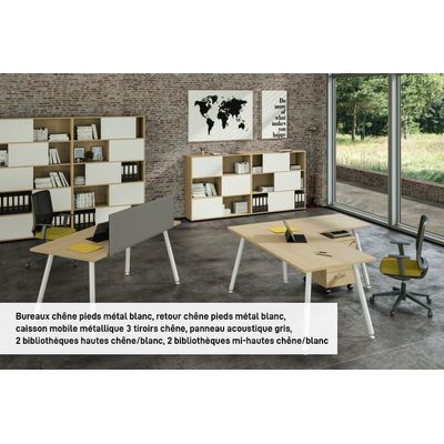 Bureau LEONARDO - 160 cm - Pieds métal blancs - Anthracite chants chêne