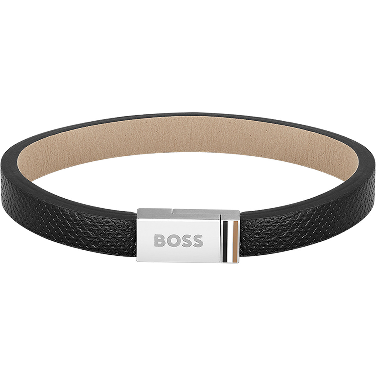 Bracelet homme Boss acier cuir noir 17,5 cm