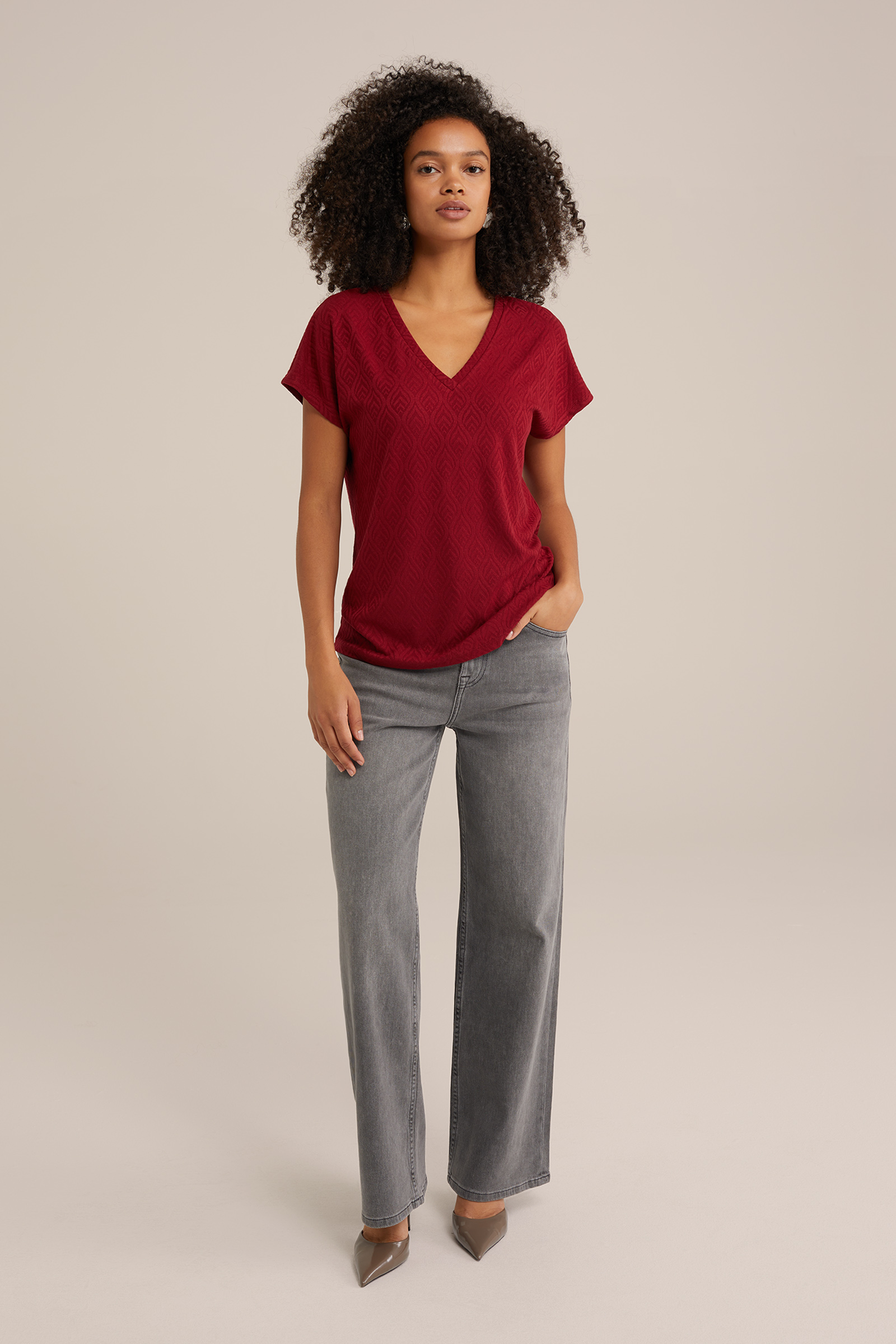 T-shirt met jacquard-dessin WE Fashion Donkerrood