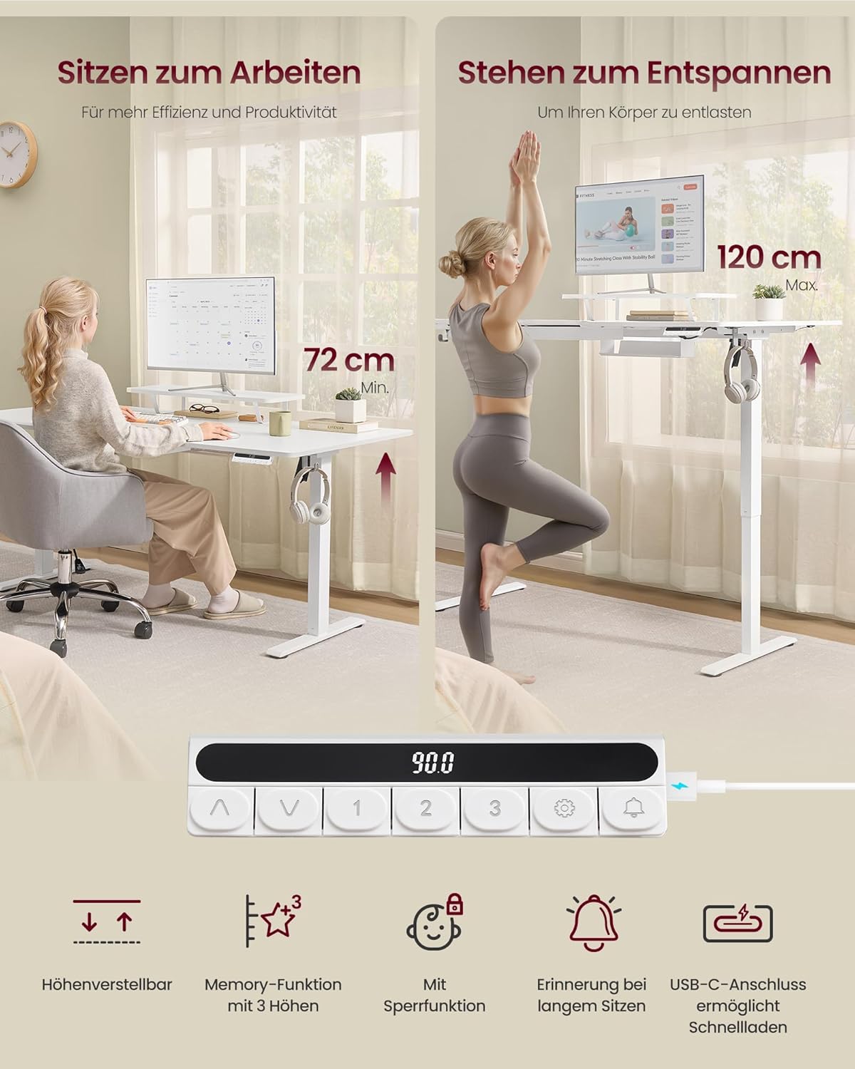VASAGLE Höhenverstellbarer Schreibtisch, 160 x 80 cm, flexibel montierbarer Monitorständer, Schublade, USB-C-Anschluss, Erinnerung bei langem Sitzen, für Büro, wolkenweiß LSD156WB01