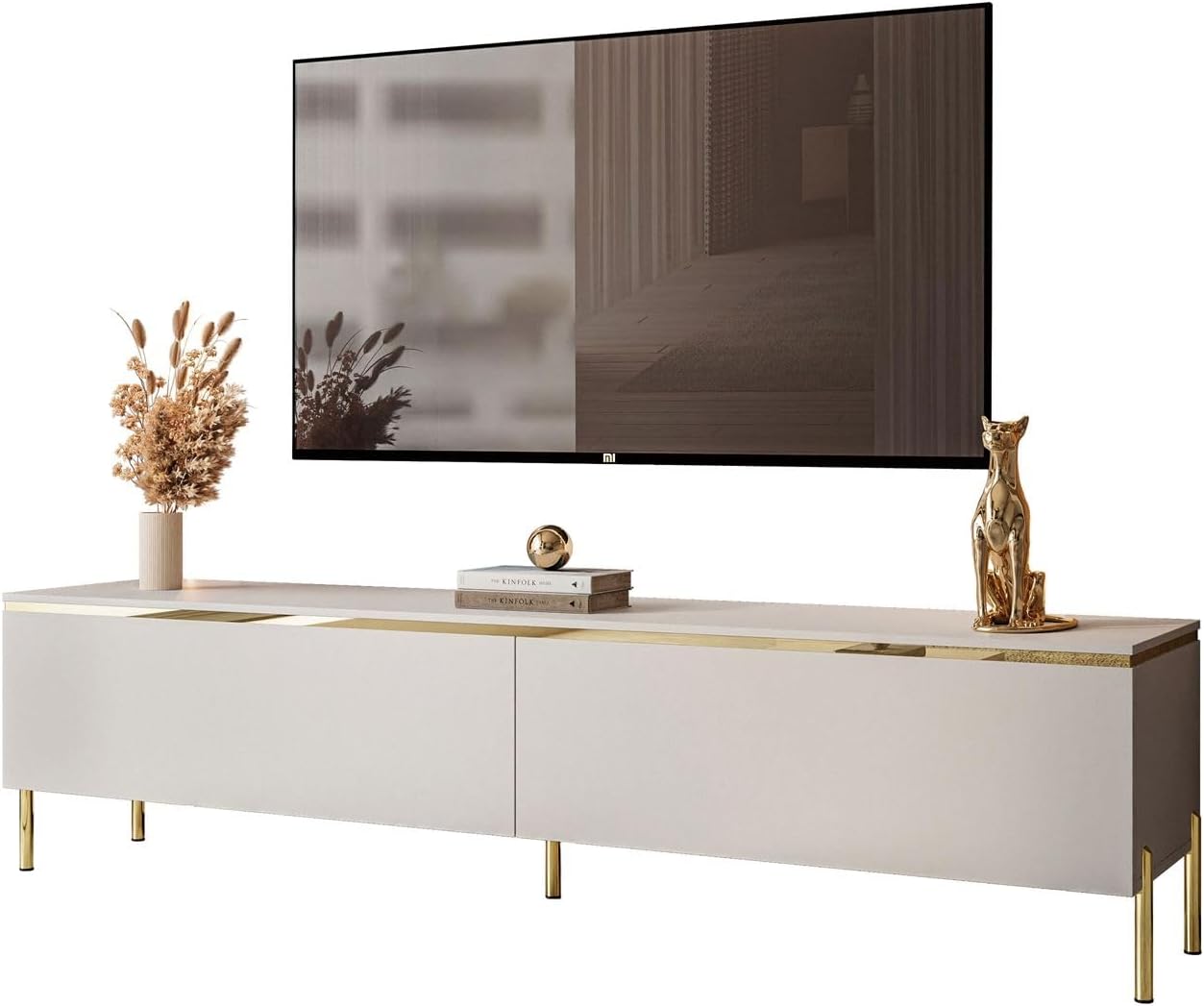 Lookway TV-Schrank Aurora Kaschmir Matt 180 cm Hängeschrank Oder Auf Füßen Gold Dekorative Leiste Mit LED-Option Modernes Wohnzimmermöbel (mit LED Beleuchtung, Stehend-gerade Gold Chrom Beine)