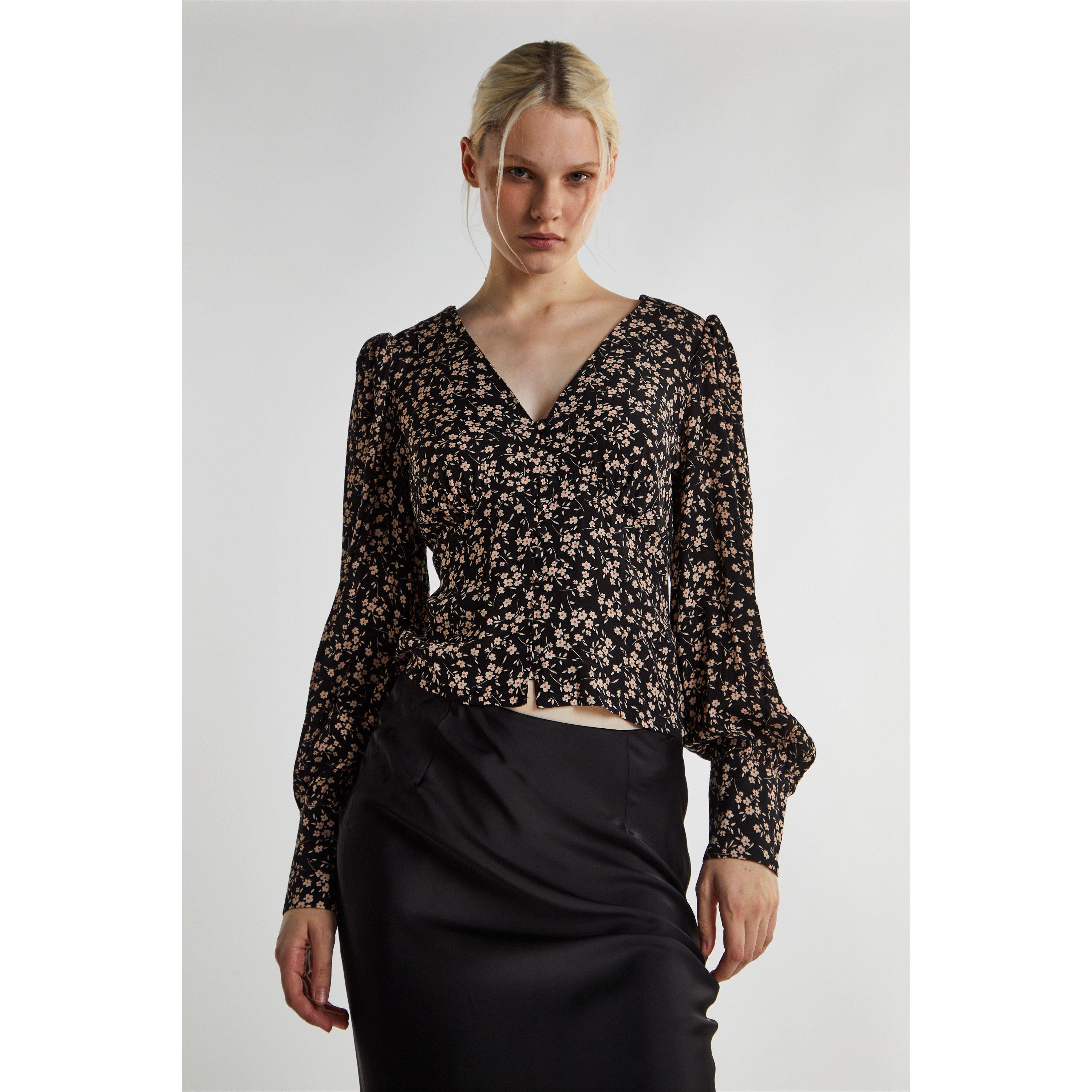 Glamorous Black Ditsy Print Button Front Top