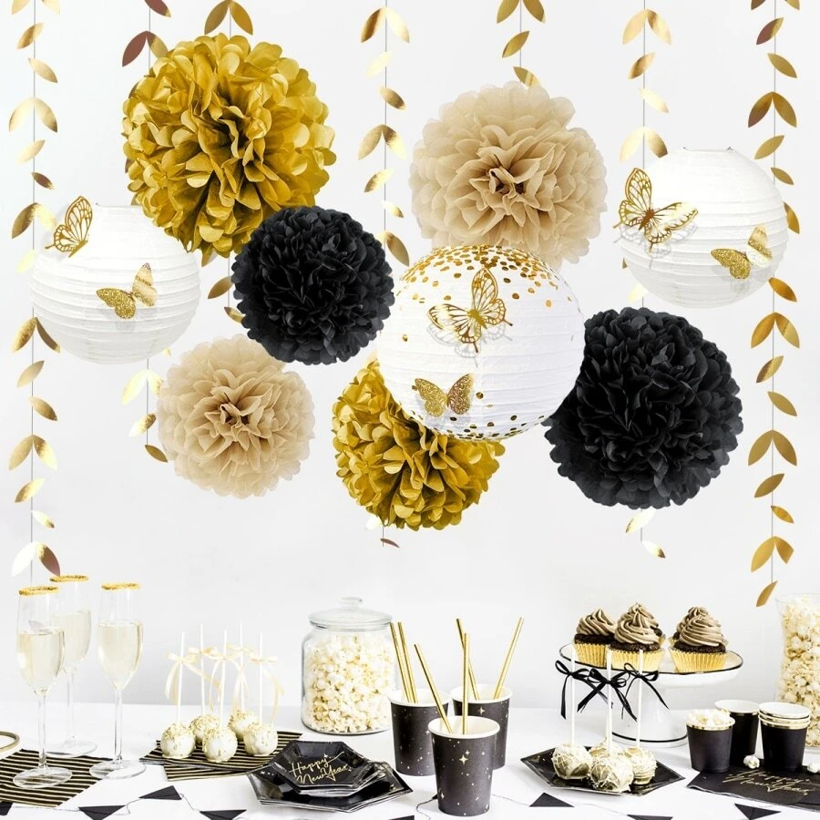 (22-tlg. Set) Papier Lampions Party Deko Pompon's / Blätter Girlande / 3D Schmetterling Sticker - Schwarz / Gold / Weiss
