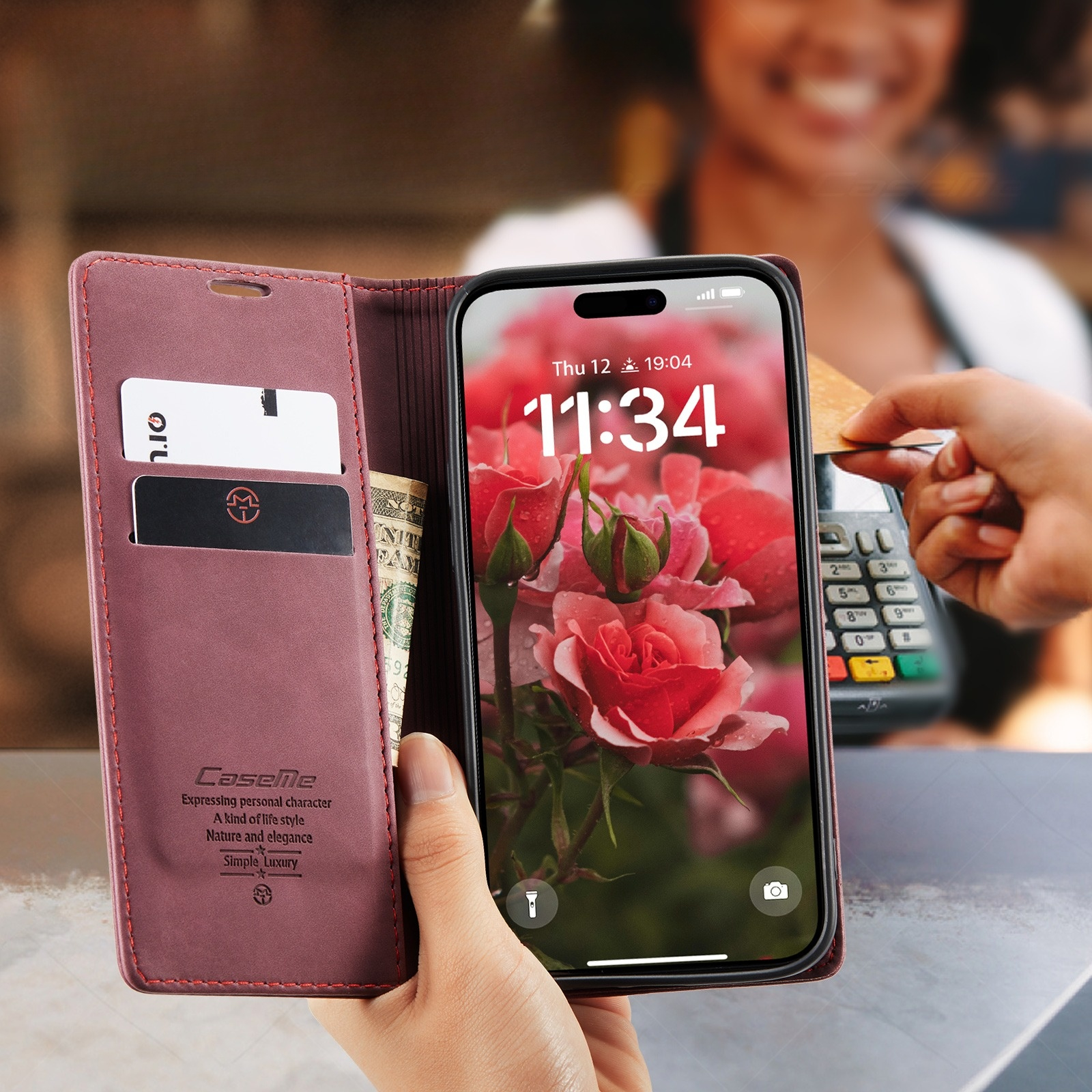iPhone 17 Leder Tasche Flip Wallet Etui mit Kartenfächern - Rot