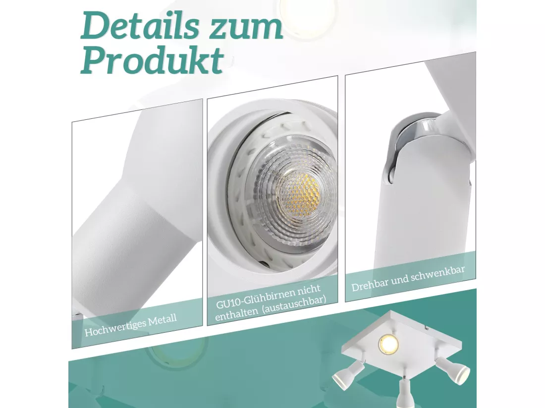 NETTLIFE Plafonnier LED 4 Spots de plafond : modèles carrés plafonnier Blanc Spot mural orientable GU10 intérieur métal, sans ampoule