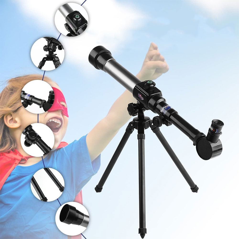 (5-tlg. Set) Kinder Teleskop mit Stativ 20x/30x/40x Vergrösserung Astronomisches Fernglas - Schwarz / Silber