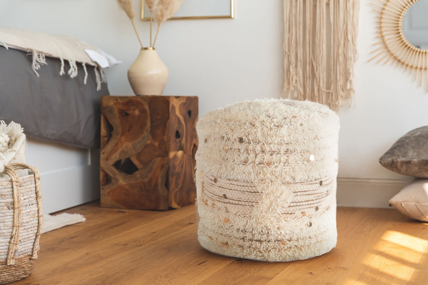 Poefkruk, handgemaakt, crème/khaki, rond, Ø 35 cm