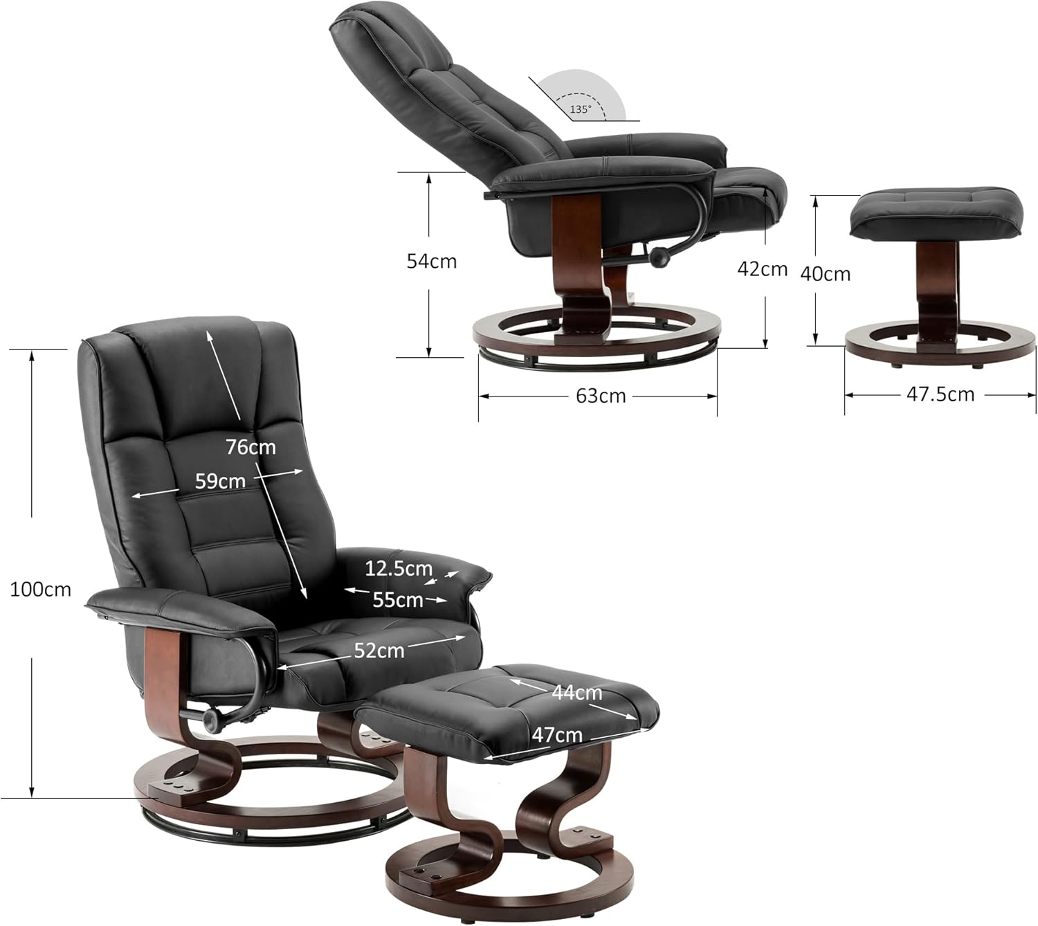 M MCombo M MComboRelaxsessel mit Hocker, 360°drehbarer Fernsehsessel mit Liegefunktion, bis 120 Kg belastbarer TV-Sessel, moderner Ruhesessel für Wohnzimmer, Kunstleder, 9019 (Schwarz-Kunstleder)