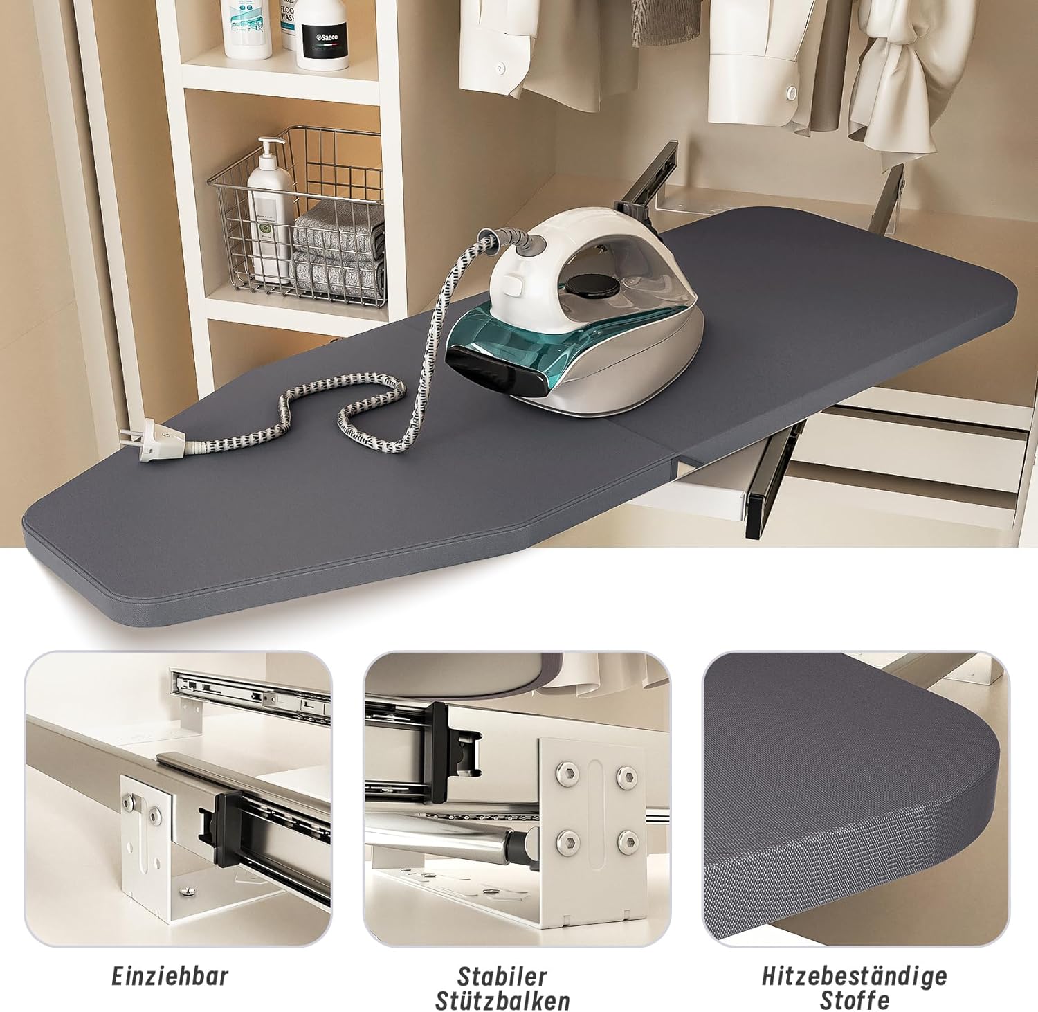 uyoyous 180° Drehung Ausziehbares Bügelbrett Faltbares Bügelbrett Schrank mit Hitzebeständige Baumwollabdeckung Bügelbretter für Schublade Garderobe Klappmaß L43cm x B30cm x H14cm Grau