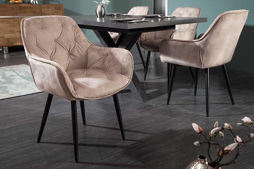 Design Stuhl MILANO champagner beige Samt mit Armlehne gepolstert schwarze Metallbeine