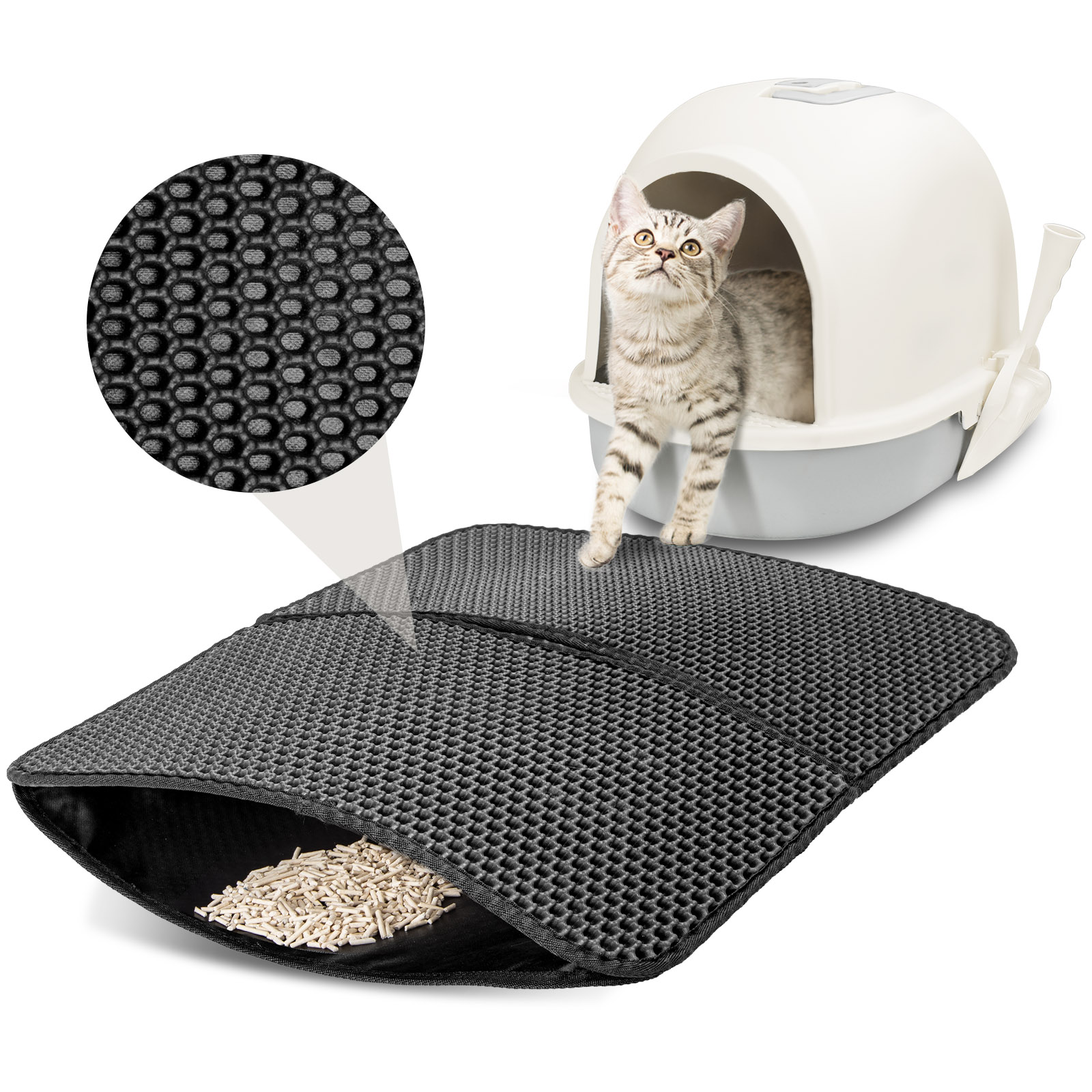 Tapete para caixa de areia para gatos Nobleza, 60x40cm, preto, design de dupla camada em formato de favo de mel, antiderrapante, dobrável e impermeável.