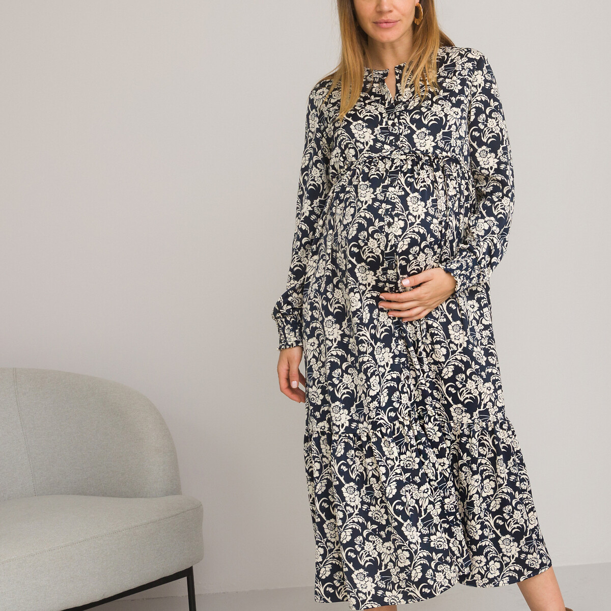 LA REDOUTE COLLECTIONS<br>Vestido longo de maternidade com fechamento por botões