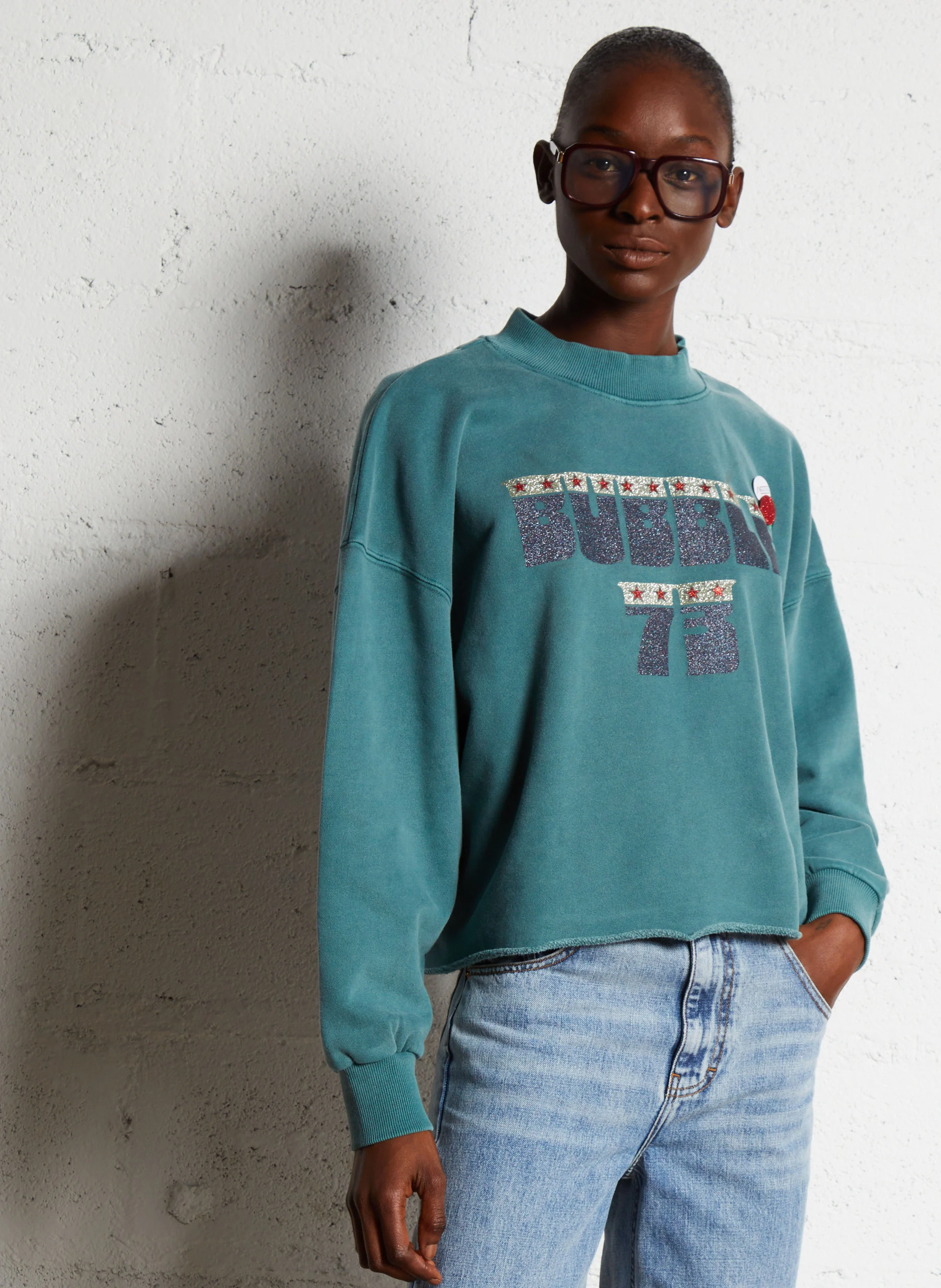 PORTER BUBBLE - Sweat ample col rond sérigraphié en coton | Vert