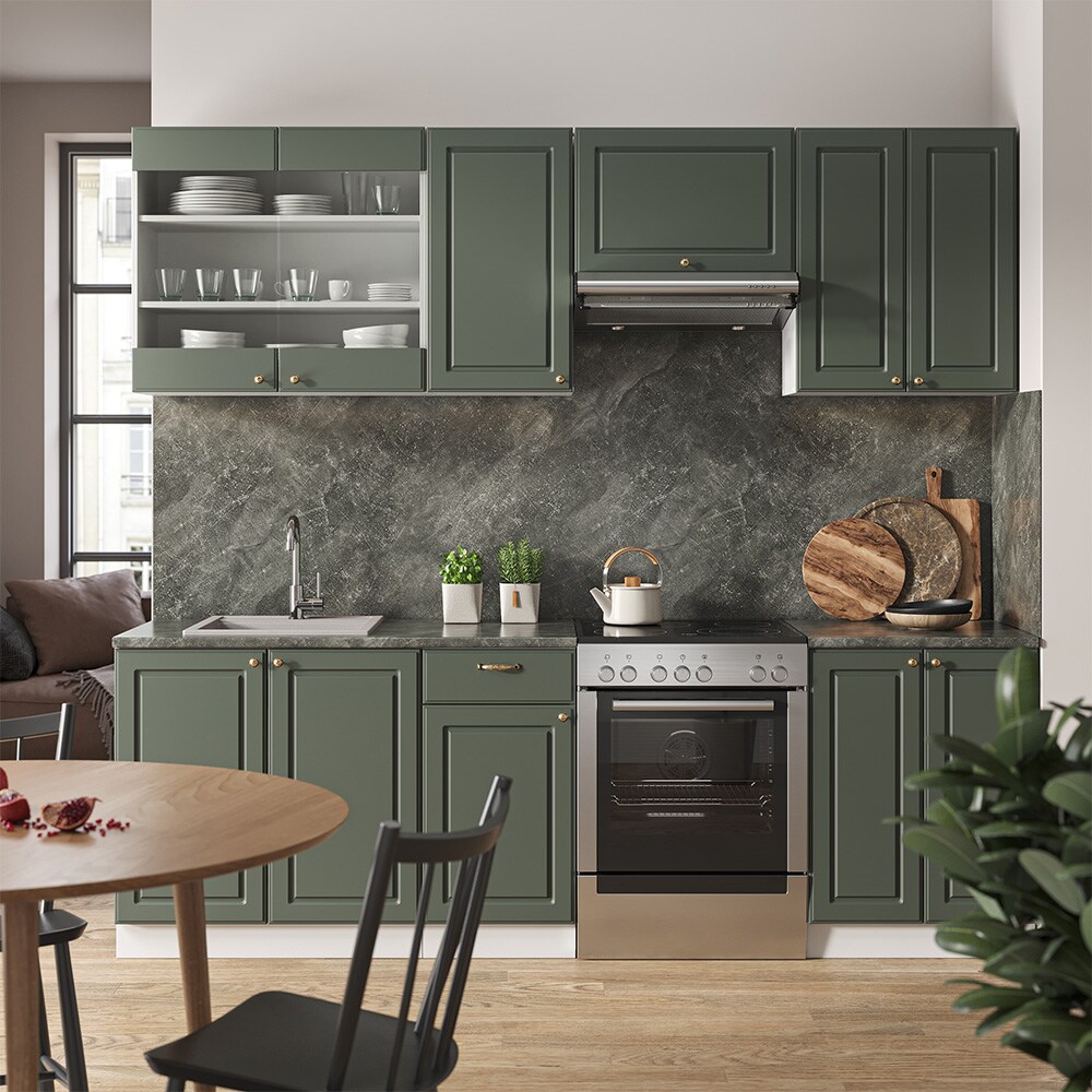 Vicco Küchenzeile Küchenblock Einbauküche Fame-Line Landhaus Weiß Grün Gold 240 cm Küchen Schränke Spülenunterschrank Schubunterschrank Hängeschrank Hängeglasschrank