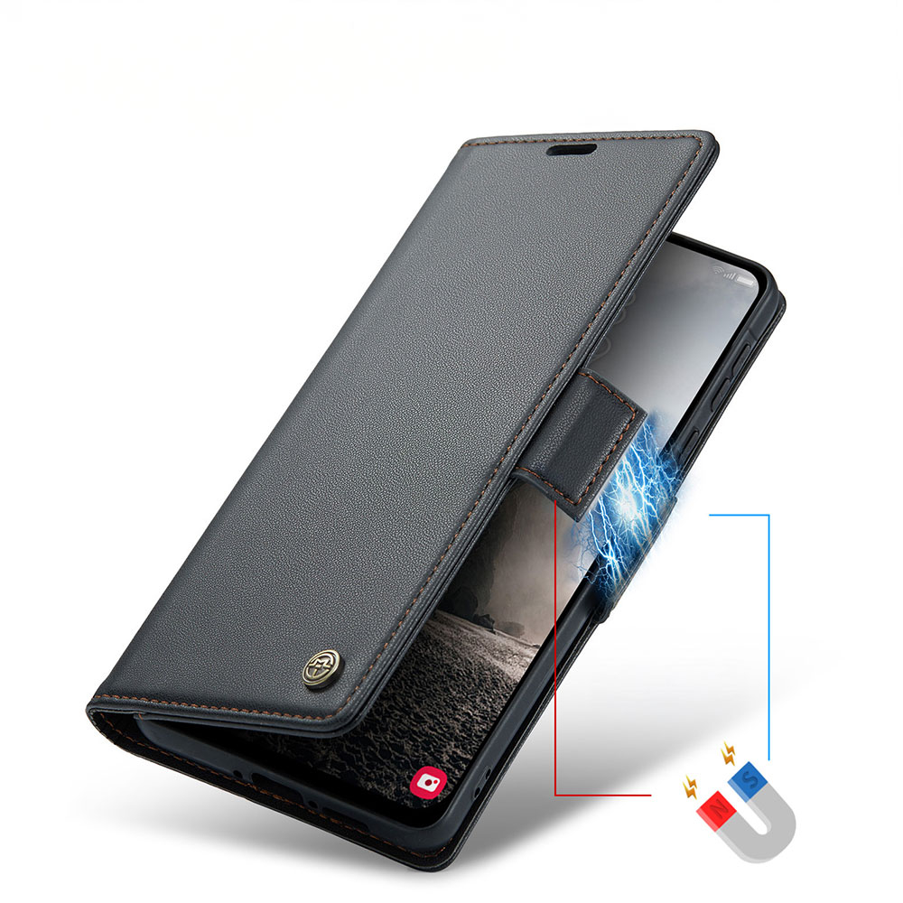 Samsung Galaxy A56 Leder Tasche Flip Wallet Etui mit Kartenfächern Litchi Look (RFID Schutz) - Schwarz