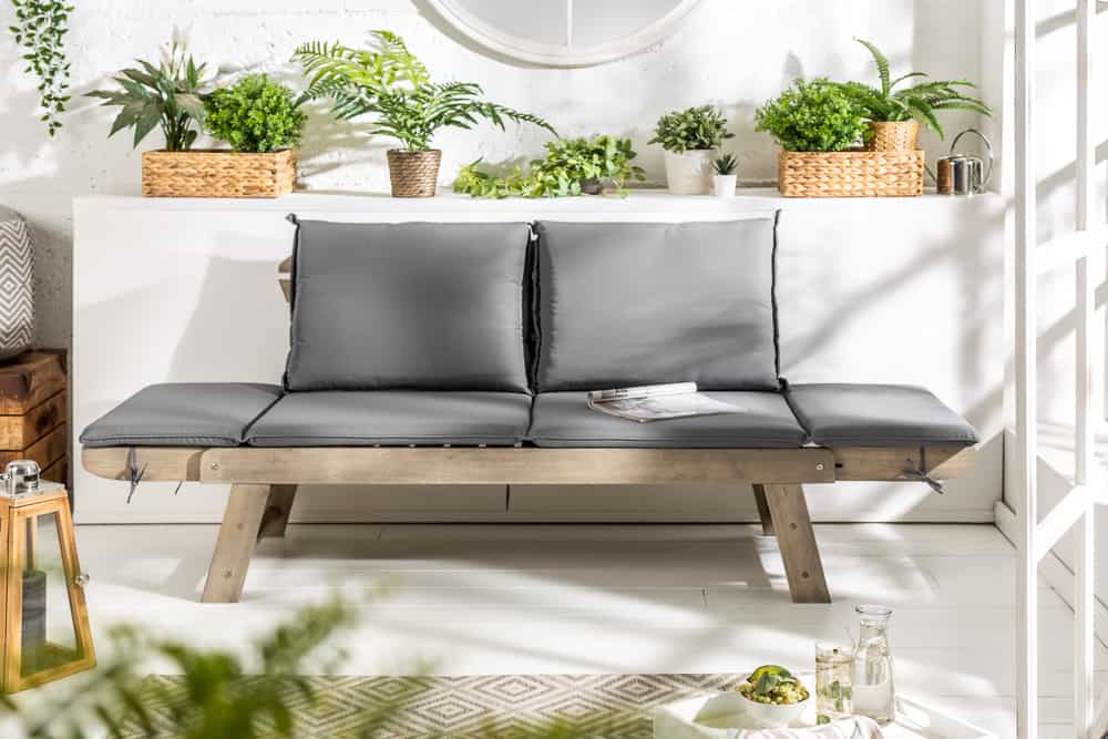 Massivholz Sitzbank MODULAR 155-190cm grau Akazie inkl. Kissen Gartenbank klappbar