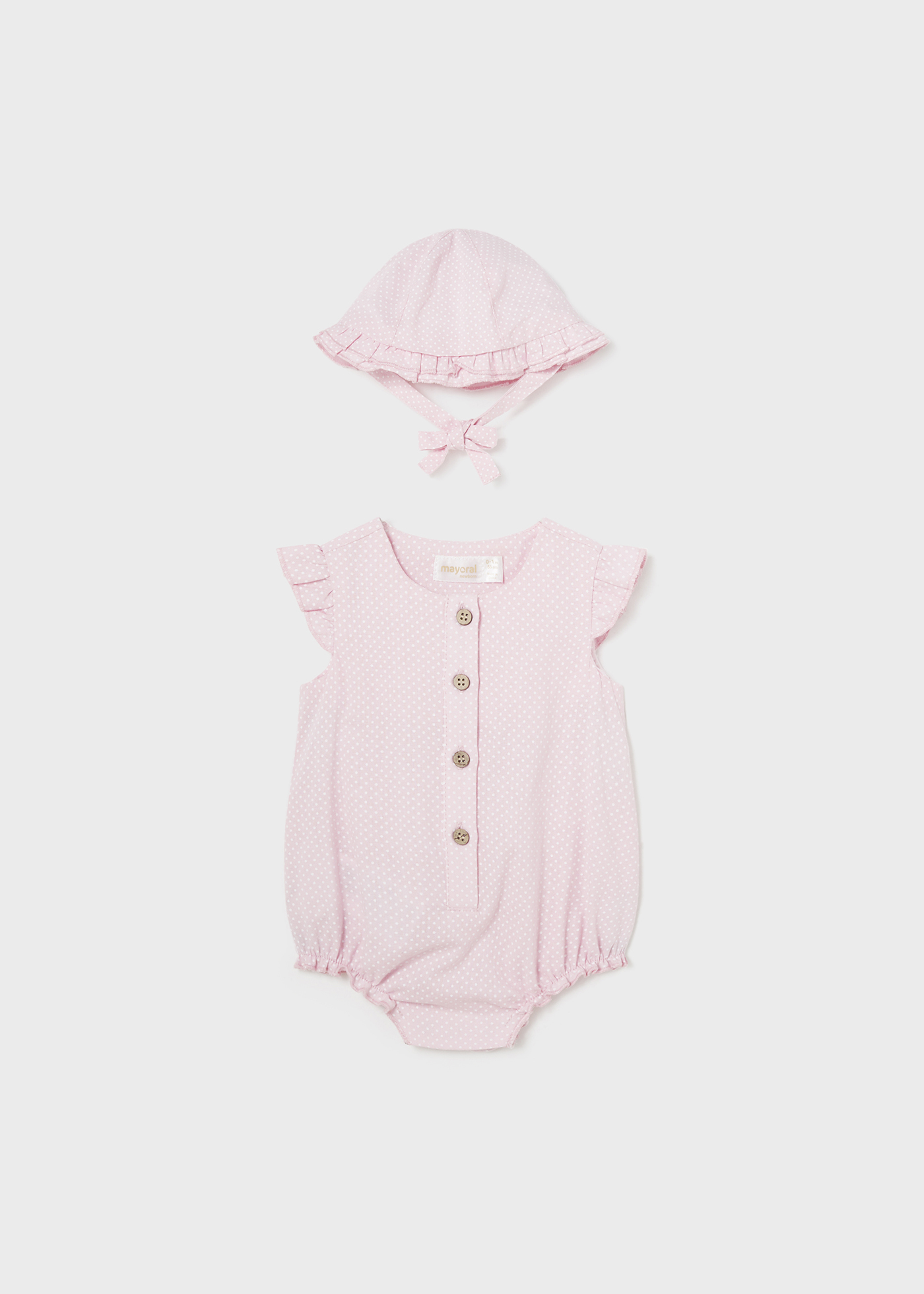 Macacão de linho rosa bebê com gorro