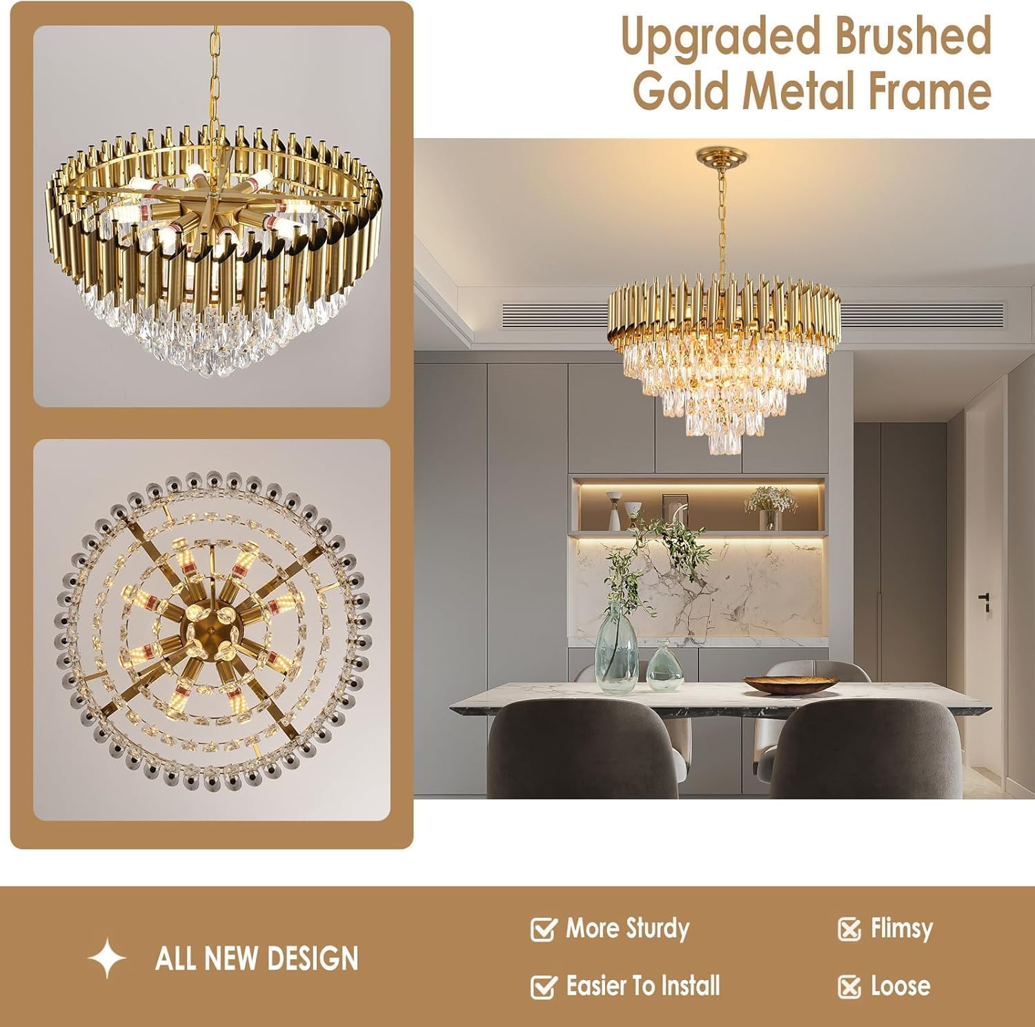 Gold Kristall Kronleuchter Moderne Runde Kronleuchter für Esszimmer 5-Stufen Decken Hängeleuchten Große Decken Kronleuchter für Foyer Wohnzimmer Schlafzimmer Foyer Eingang W60CM 12-Leuchten