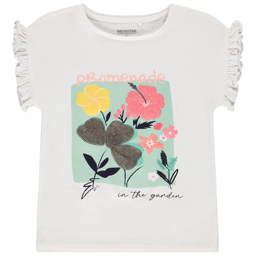 T-shirt manches courtes volantées avec print fantaisie pour fille - Blanc
