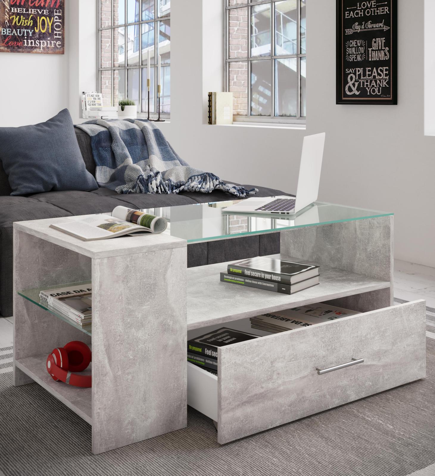Couchtisch TINDALA - Beton-Optik - Schubkasten - 100 cm
