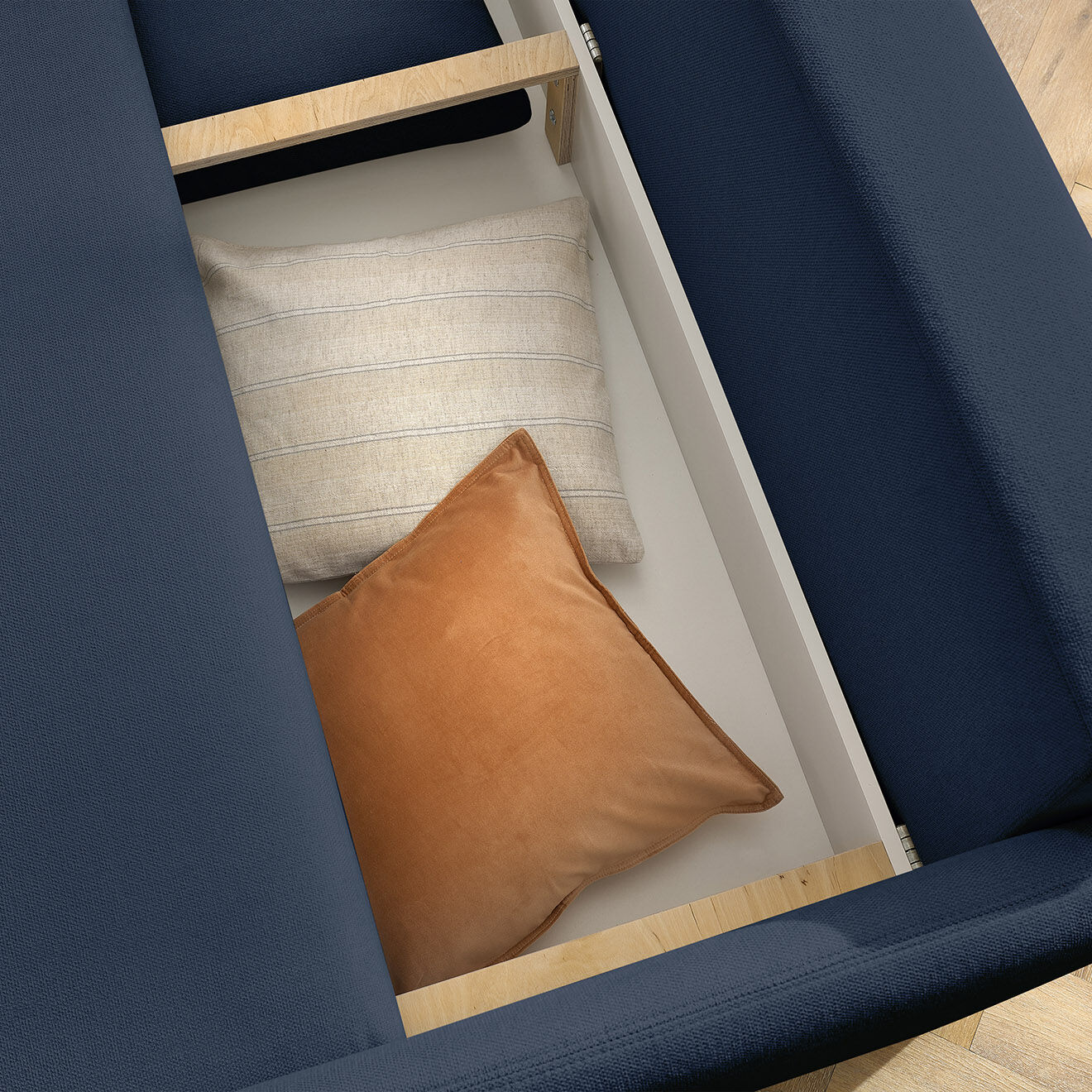 Bobochic Canapé droit convertible coffre marcel tissu lisse bleu foncé - 211x100x86 cm