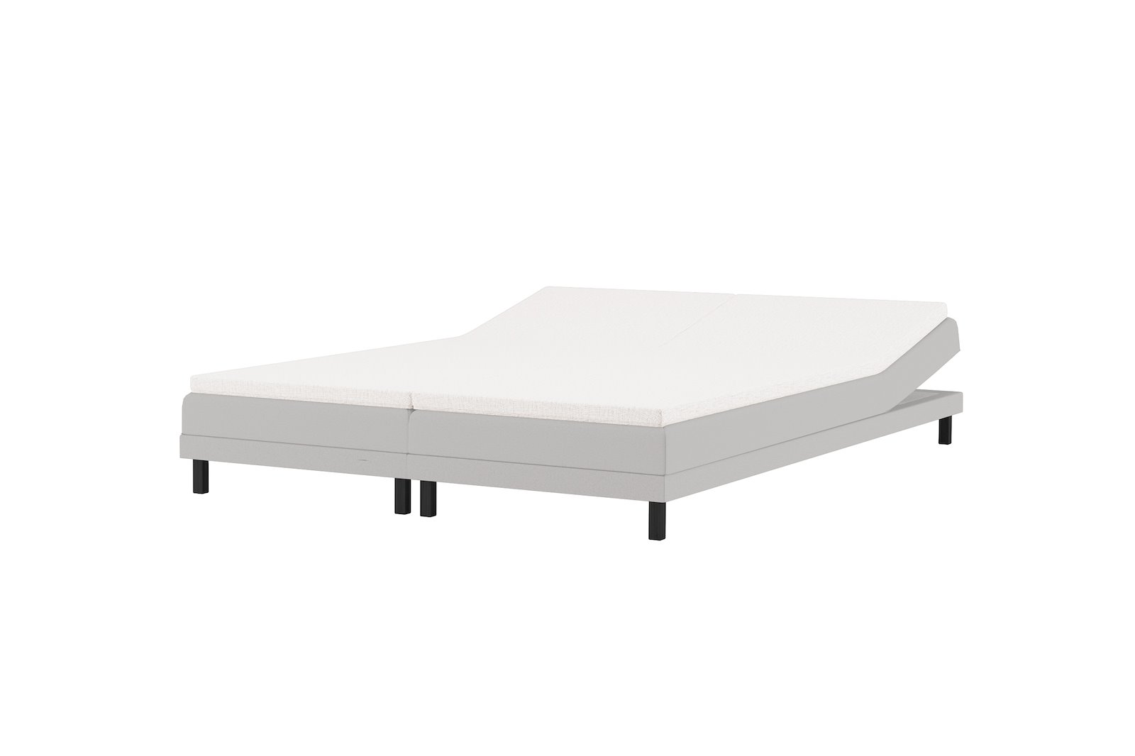 XOV Komfort 5 regulerbar seng 160x200 cm Tekstil Primo 84 lys grå, Komfort 5 overmadrass og sorte firkantede ben, gavl selges separate.