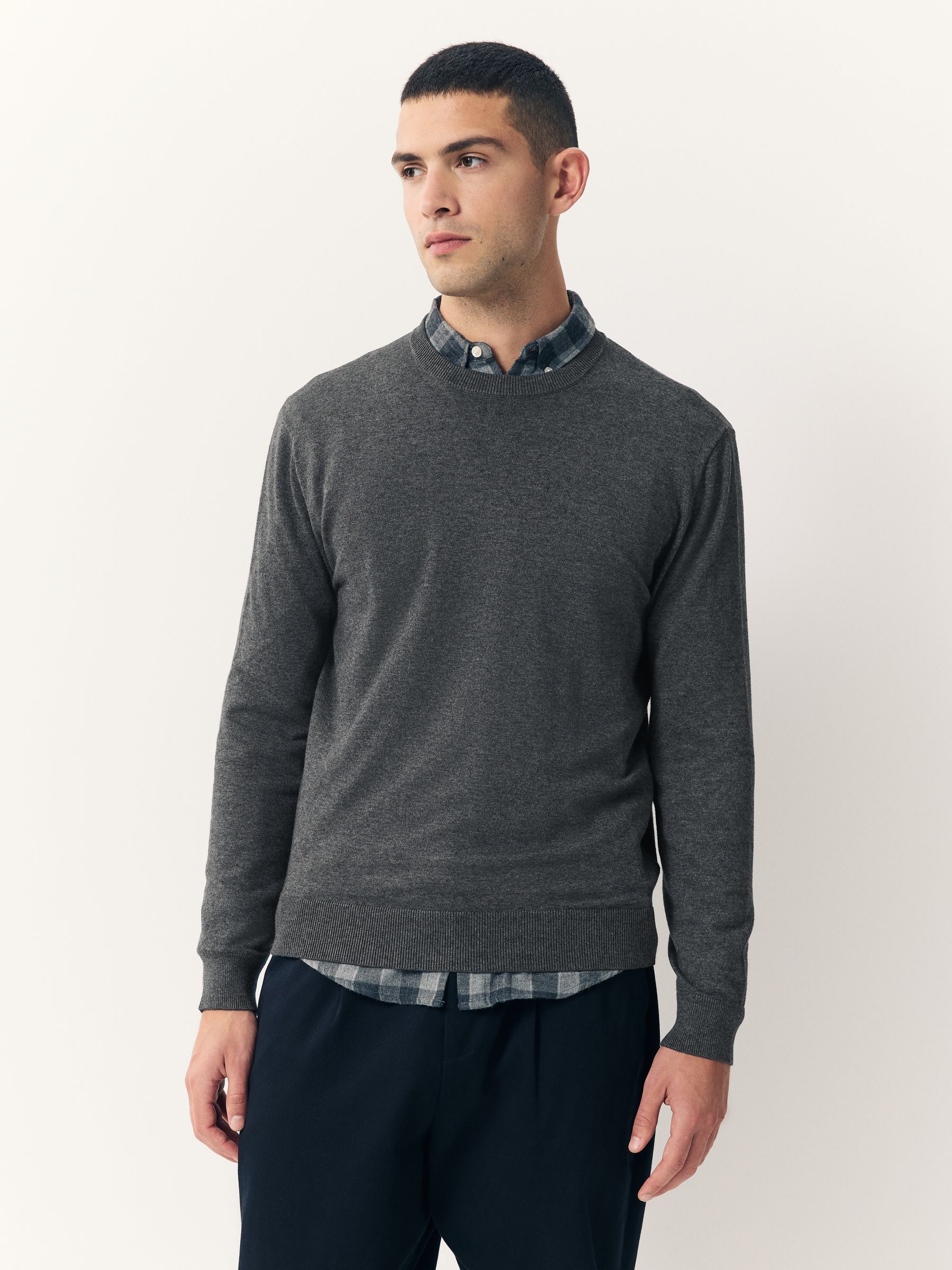 Antraciet - Effen - Regular Fit Cotton Rich Crew Neck Jumper