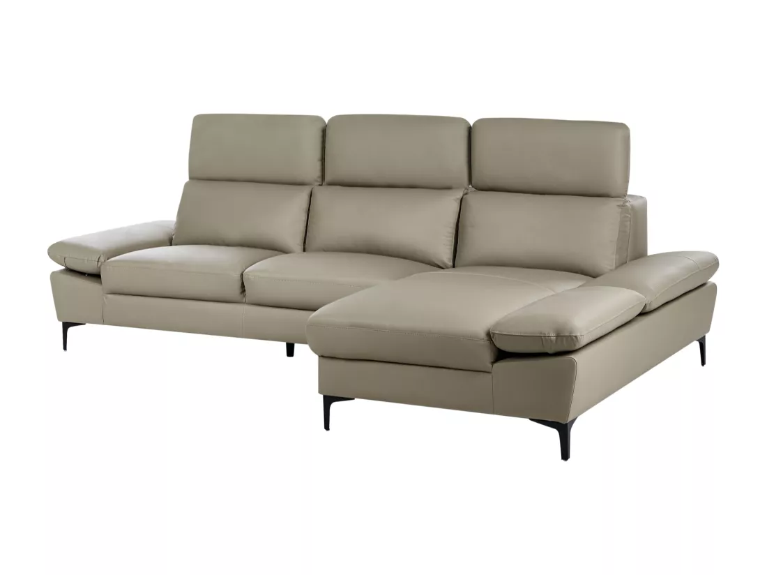 Canapé d'Angle à droite Moderne en Cuir Réglable au Niveau des Appuis-Tête et Accoudoirs 4 Places Gris Clair Taupe Farila