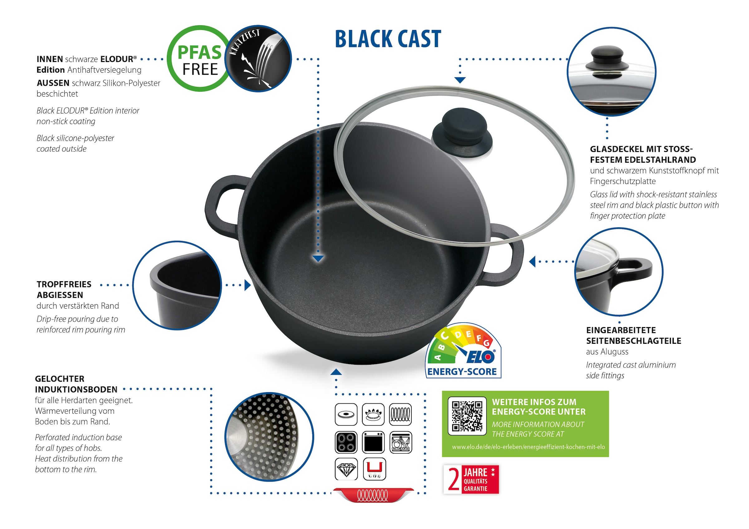 Elo Basic Topf-Set »Black Cast« Set, 3 Töpfe mit Deckel, 1 Stielkasserolle, 7 Stk. tlg. Aluminiumguss