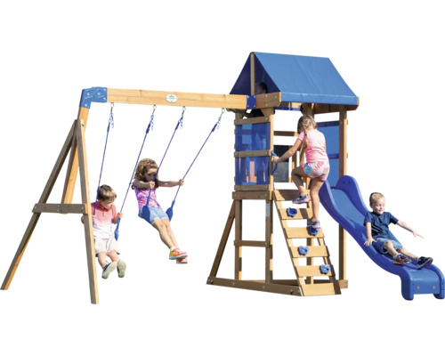 Speelhuis/Toren Achtertuin DISCOVERY 270 x 310 cm Hout Bruin, Blauw bestaande uit basistoren, schommel, glijbaan